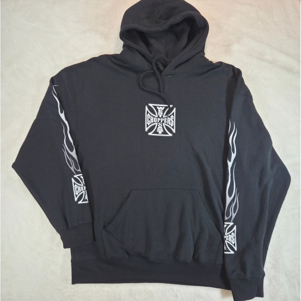 West Coast Choppers Mens Hoodie Large Black Flame Graphic Cotton Blend Pullover